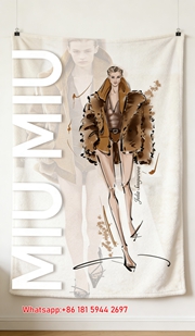 Miu Miu Warm Brown & Cream Fur Coat Fashion Sketch Flannel Throw Blanket IMG_0587